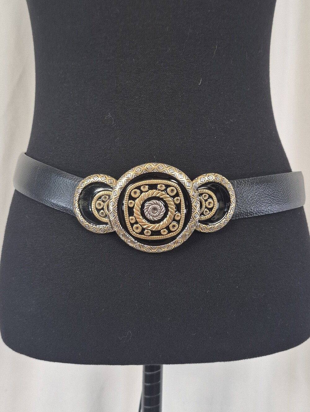 Chico's Black Leather Adjustable Belt with Ornate Medallion Buckle - Size M/L